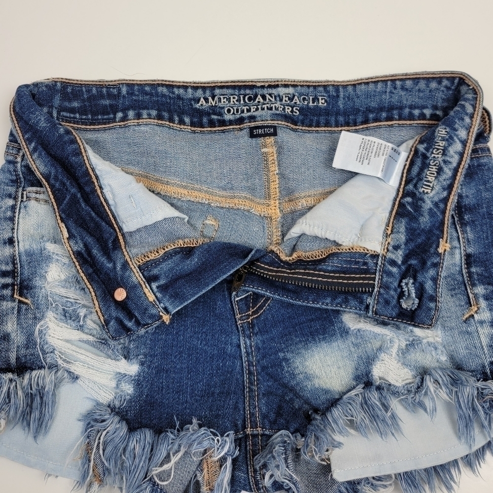 America Eagle Hi Rise Shortie Distressed Denim Shorts 4 - Picture 4 of 6